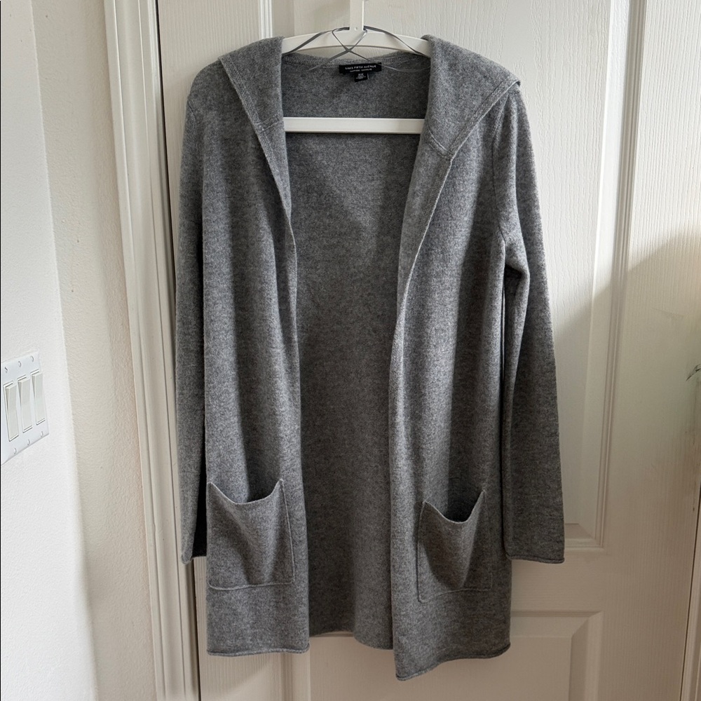 NEW Saks Fifth Avenue Gray Hooded 100% cashmere long Cardigan - Picture 11 of 11